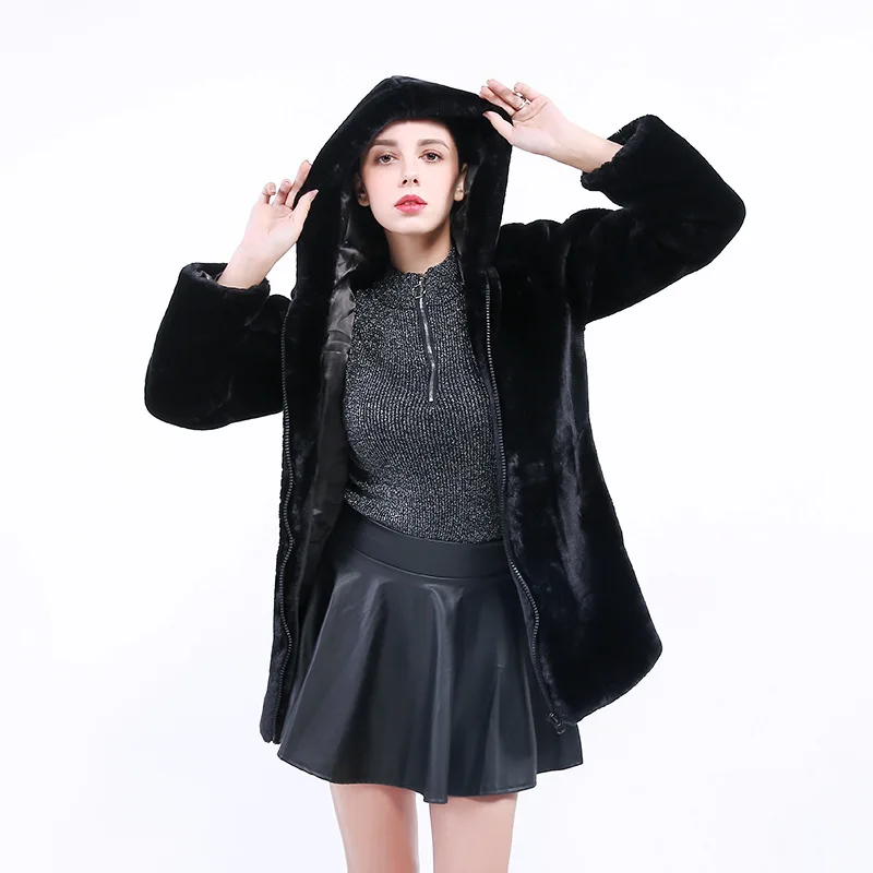2021 New Korean Version Waist Black Imitation Fur Mink Hair Rabbit Fur Jacket Cotton Coat Medium and Long Women's Clothing