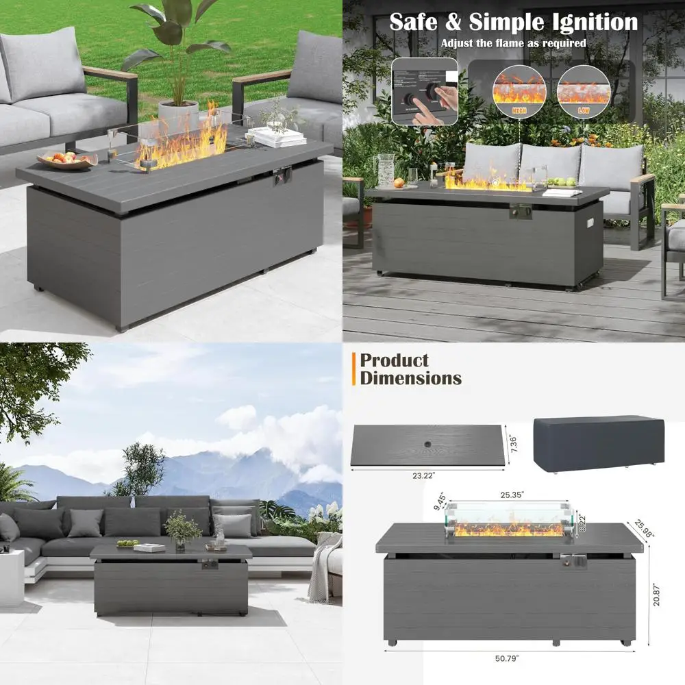 

Rectangular 51 Inch Outdoor Propane Fire Pit with 50,000 BTU, Glass Wind Guard, Rain Cover, and Removable Lid