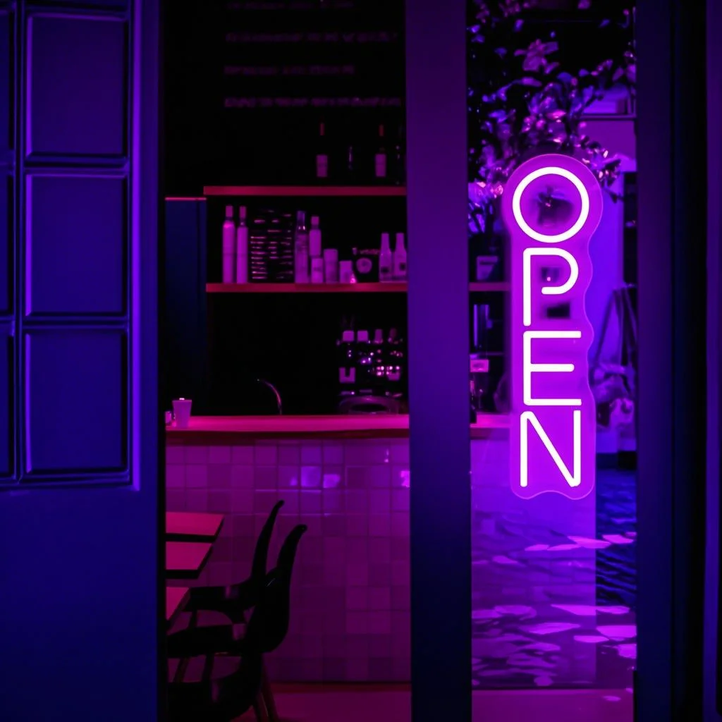 Open in business, neon lights, letters, illuminated words, shops, coffee shops, milk tea shops, advertising lights, signs