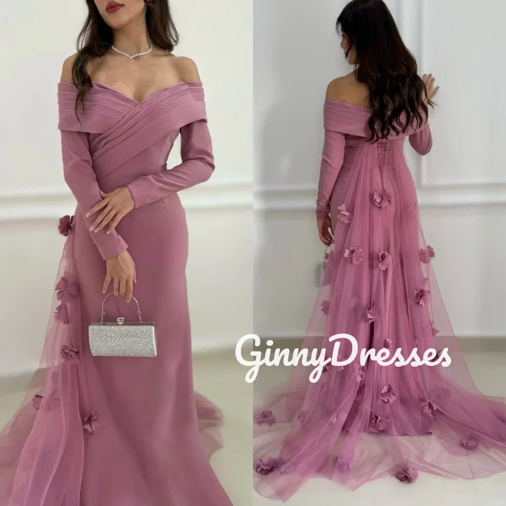 

Dubai Luxury Evening Dress Customize A-Line Off-The-Shoulder Long Sleeves Dresses For Prom Flowers Floor-Length Formal Occasion