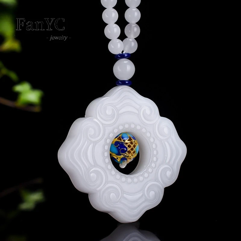Natural Tianshan Emerald Four-Direction Auspicious Sweater Chain Hand-Carved Exquisite Charm Jade Necklace Gift Men and Women