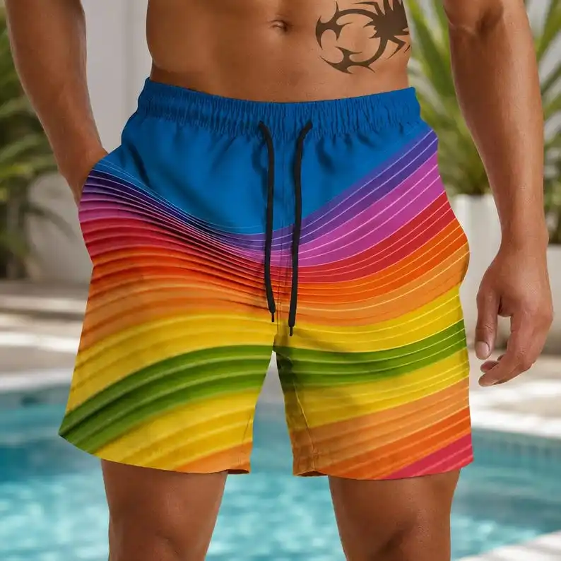 Men Rainbow Diagonal Splash Print Beach Shorts Drawstring Elastic Waist Dry Casual Swim Trunks Streetwear Surf Board Shorts