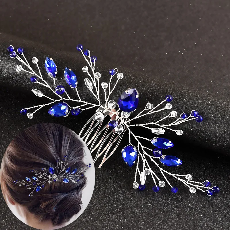 

Red Blue Crystal Rhinestone Pearl Hair Comb Headband Tiara For Women Bride Girl Wedding Bridal Hair Accessories Jewelry Band