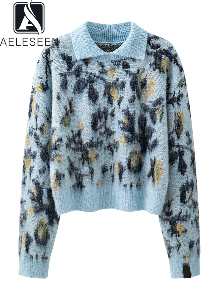 AELESEEN Runway Fashion Spring Autumn Knitter Sweater Women Turn-down Collar Soft Lazy Style Printed Ladies Classic Pullover