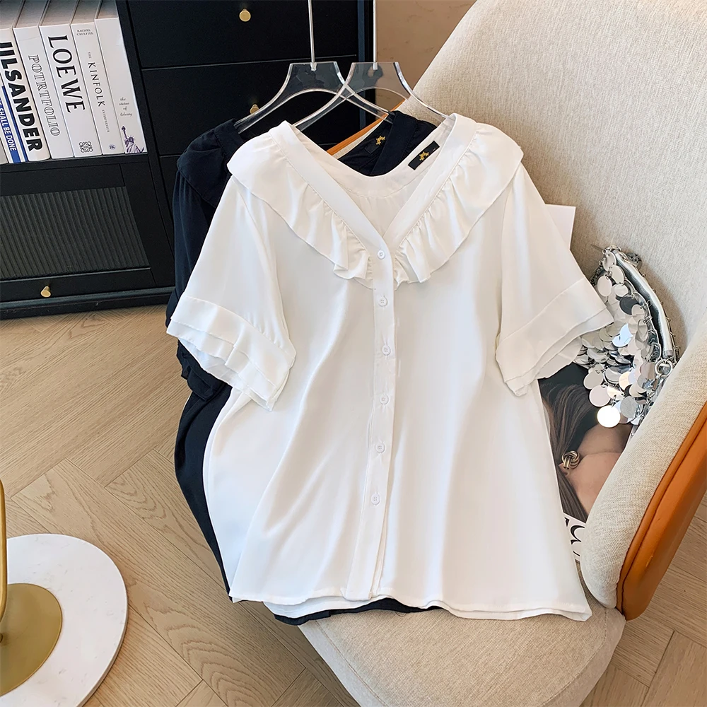 2024 summer new doll collar shirt solid color simple commuter top plus size women's chiffon shirt loose comfortable home wear