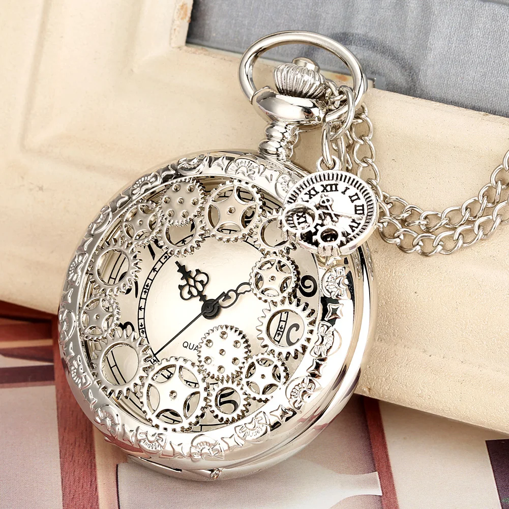 Charm Silver Hollow Out Gearwheel, cadena de collar, reloj de bolsillo de cuarzo, números árabes, esfera blanca, reloj de bolsillo Steampunk, regalo