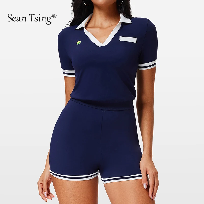 

Sean Tsing Sports Yoga One-piece Shorts Women Polo V-neck Short Sleeve Jumpsuit Breathable Running Outfits Summer Fintness Rompe