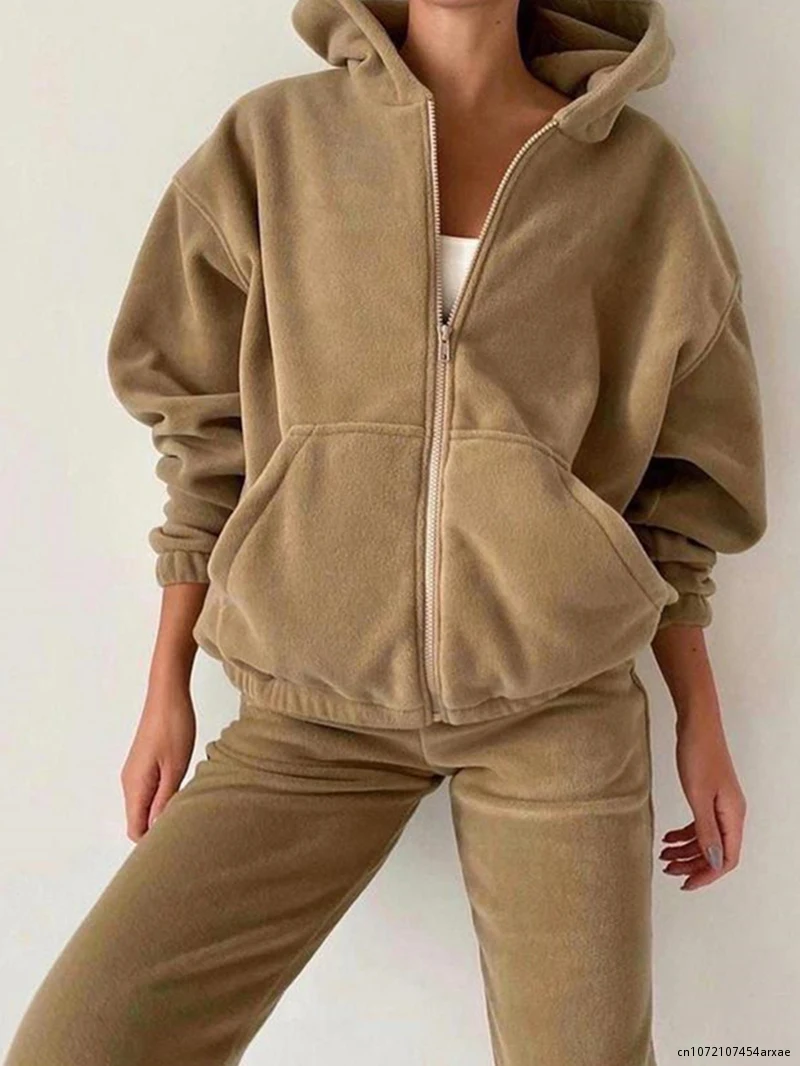 

Fleece Tracksuit Women Two Piece Set Autumn Clothes Zip Hooded Top and Pants Suits Sweatsuit Casual 2 Pices Matching Set Outfits