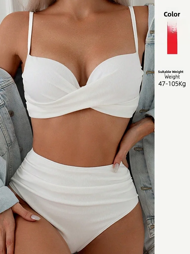 

Купальник больших размеров: сексуальный раздельный комплект с высокой талией, сборками на груди, однотонный, треугольный, для женщин больших размеров