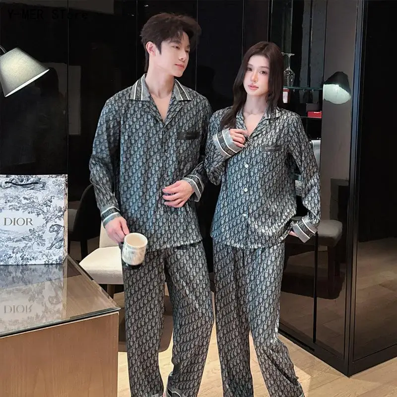 New Printed Ice Silk Couple Pajamas, Thin Long Sleeve Silk Loungewear Set, Casual Home Clothes for Men Women Spring and Autumn