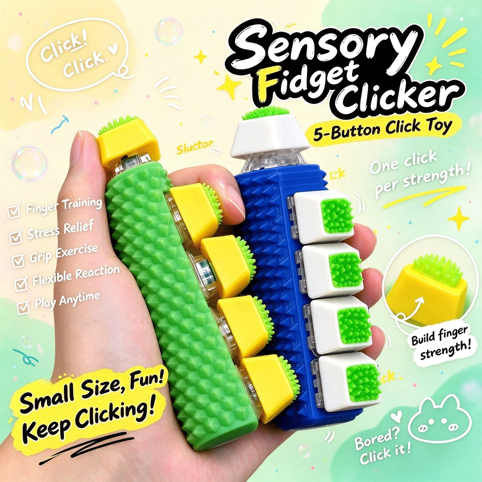 5 Buttons Spiky Textured Fidget Clicker Toy Finger Trainer Stress Relief Hand Exerciser Portable Click Sensory Toy for Adults