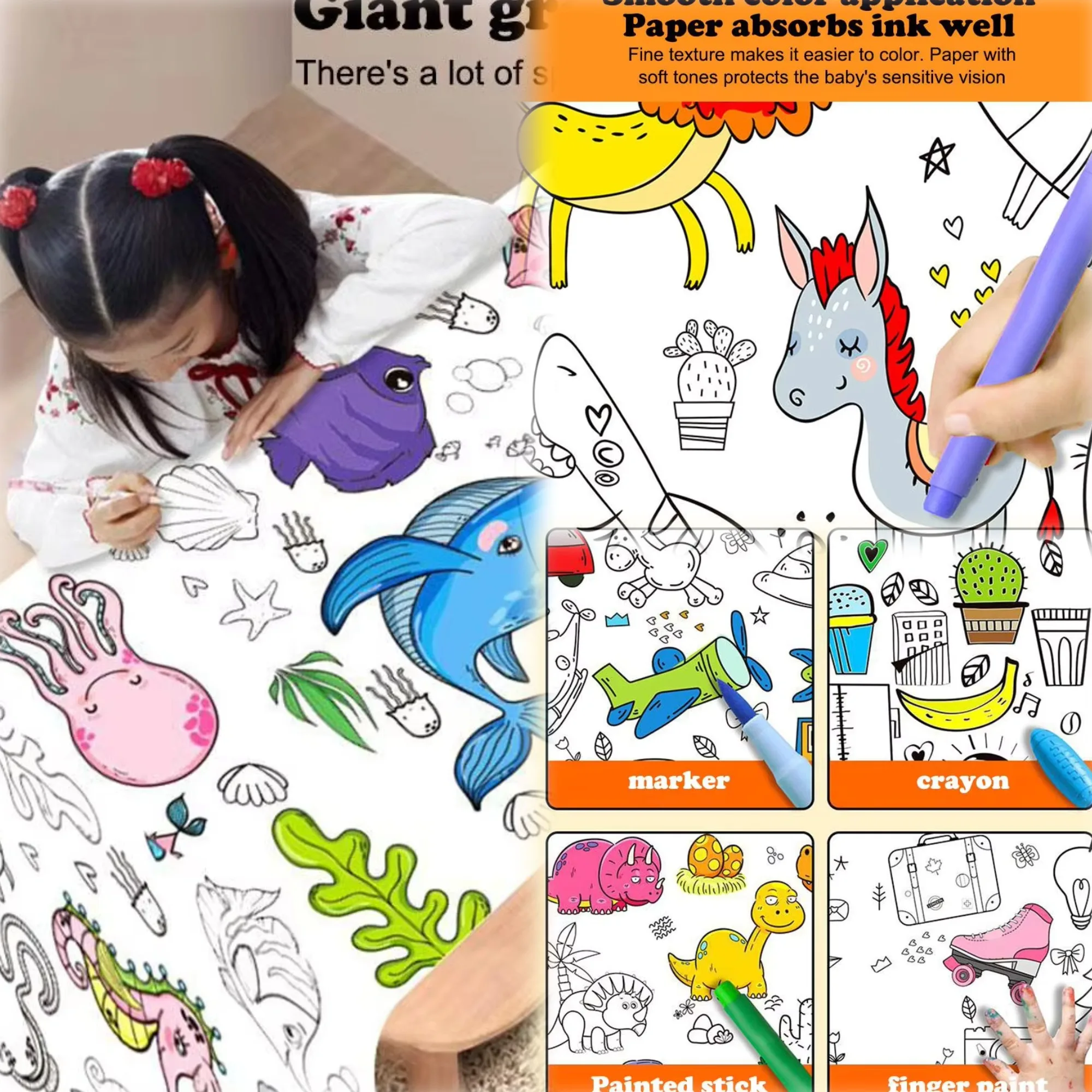 Rotolo da disegno per bambini Carta da riempimento a colori appiccicosa Rotolo di carta da colorare per scorrimento Graffiti per bambini Giocattoli educativi per pittura fai da te