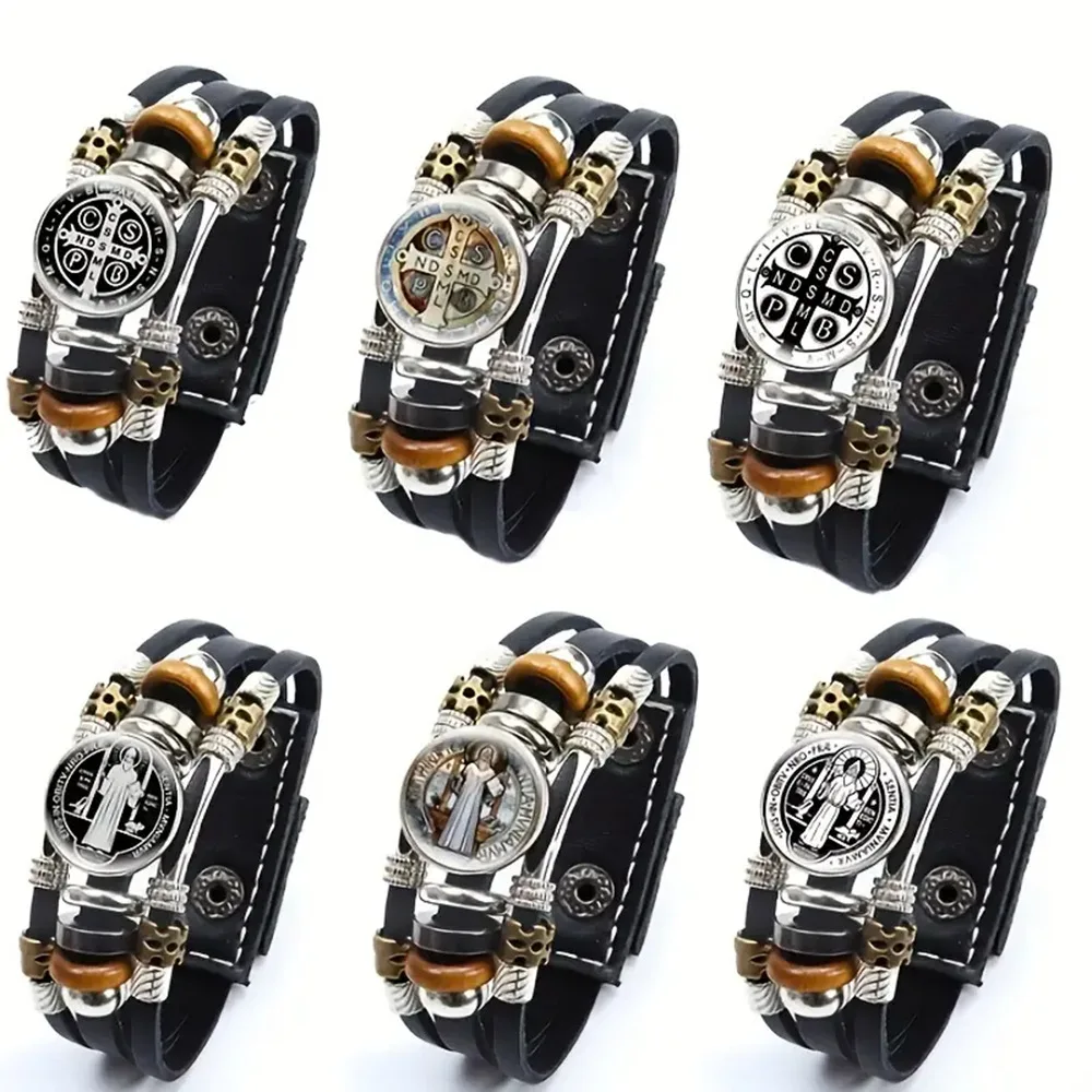 Saint Benedict Medal Leather Bracelet Catholic San Benito Glass Dome Snap Buttons Bangles Men Women Jewelry Accessories