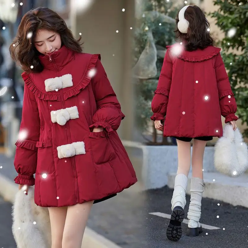 

Рождественский пуховик с воротником-стойкой в национальном стиле, женский зимний новый красный пуховик с грибком, новогодний халат, парки