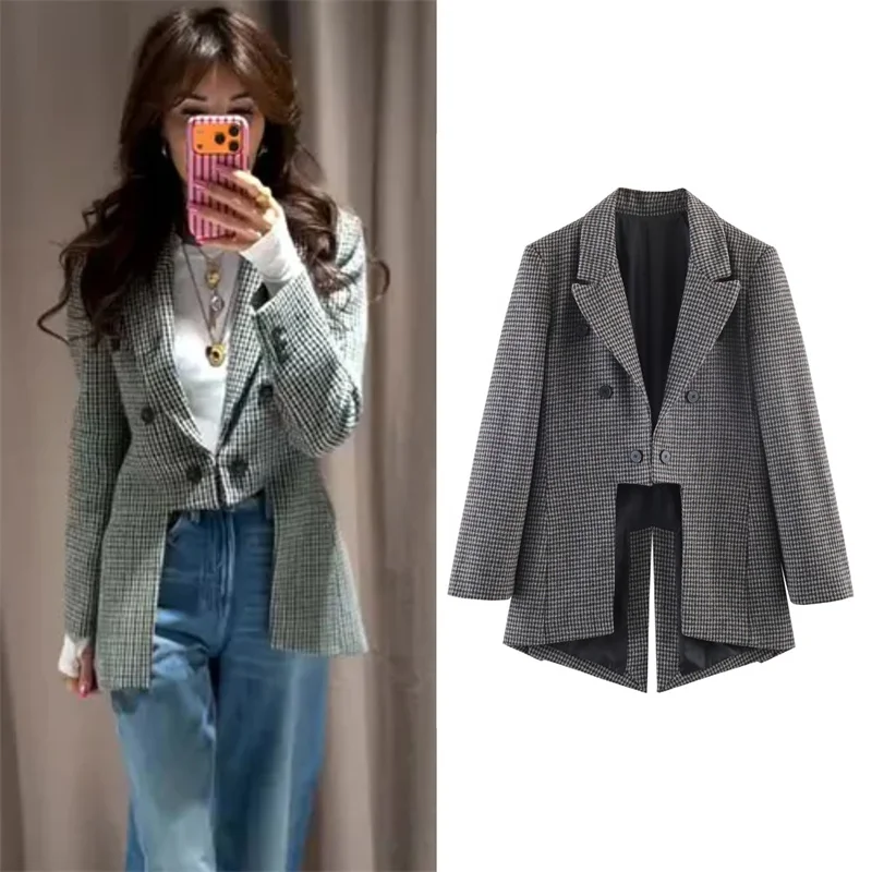 

Women's Jacket 2026 Spring New Gray Plaid Long Sleeve Asymmetrical Design Slim Fit Blazer Personalized Fashion