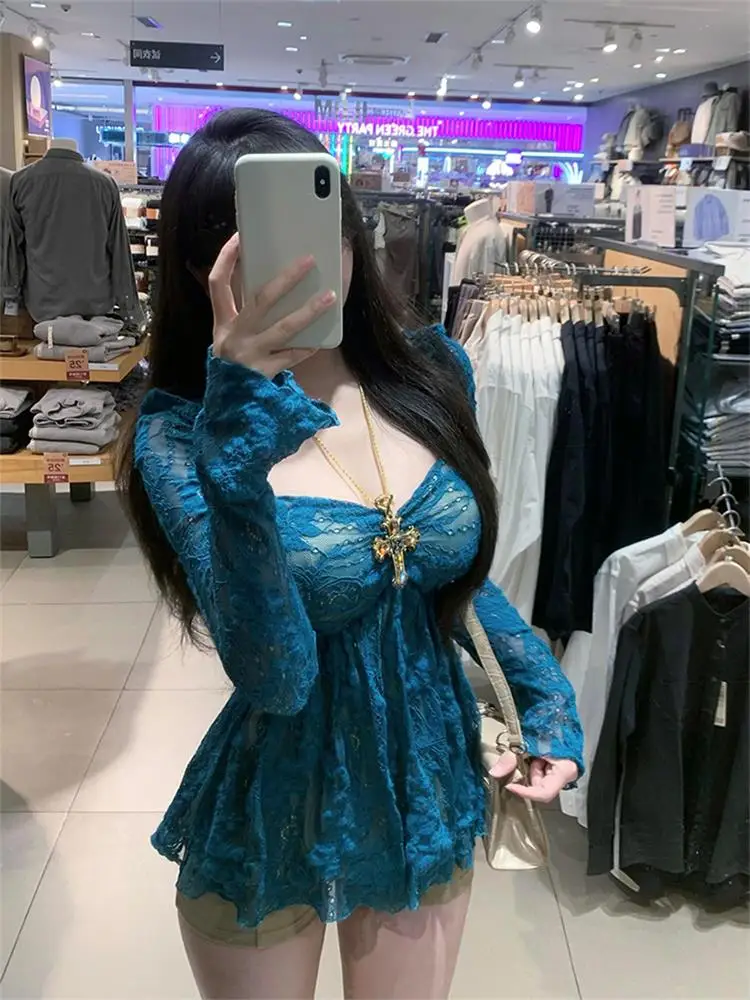 

Lace irt Women's Lake een Hollow out Square Collar Long Sve Commute Sle High Quali Sensation Sexy Girl Sle Top