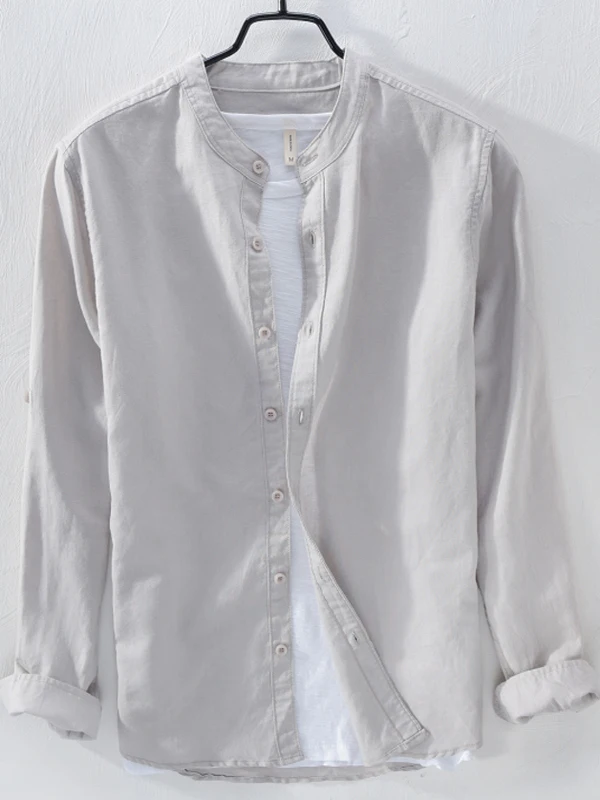 

Linen Stand Collar Long Sleeve Shirt Men's Summer Thin Casual Versatile Korean Trendy Cotton Linen Shirt Loose Fit Butt...