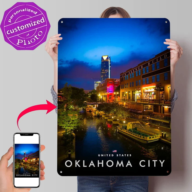 Póster Metálico de Oklahoma City Canal Nocturno, Arte de Pared Personalizado, Letreros Metálicos Retro Vintage para Decoración de Cuarto de Hombre, Decoración de Lujo para el Hogar