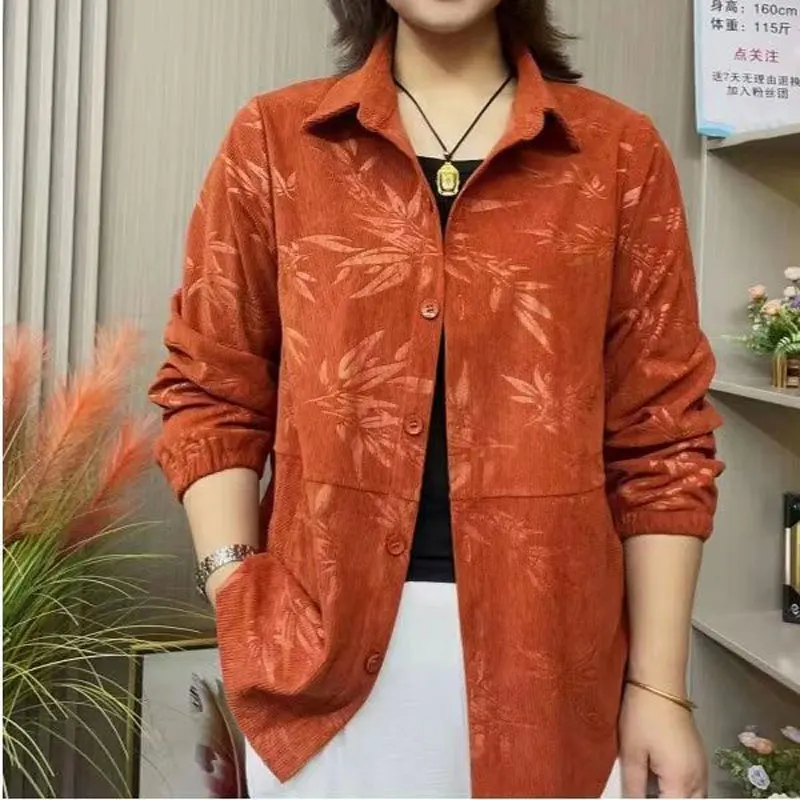 Commute Plant Printed Corduroy Shirt Female Clothing Turn-down Collar Spring Autumn Stylish Spliced Single-breasted Loose Blouse