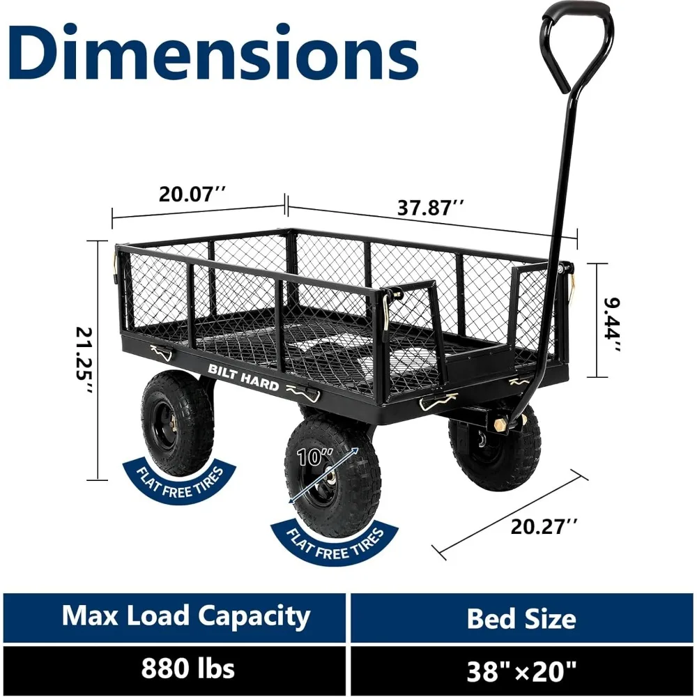 Heavy-Duty Garden Cart with 880 lbs Capacity, 180° Rotating Handle, Removable Sides, 4 Cubic Feet Flat-Free Tires