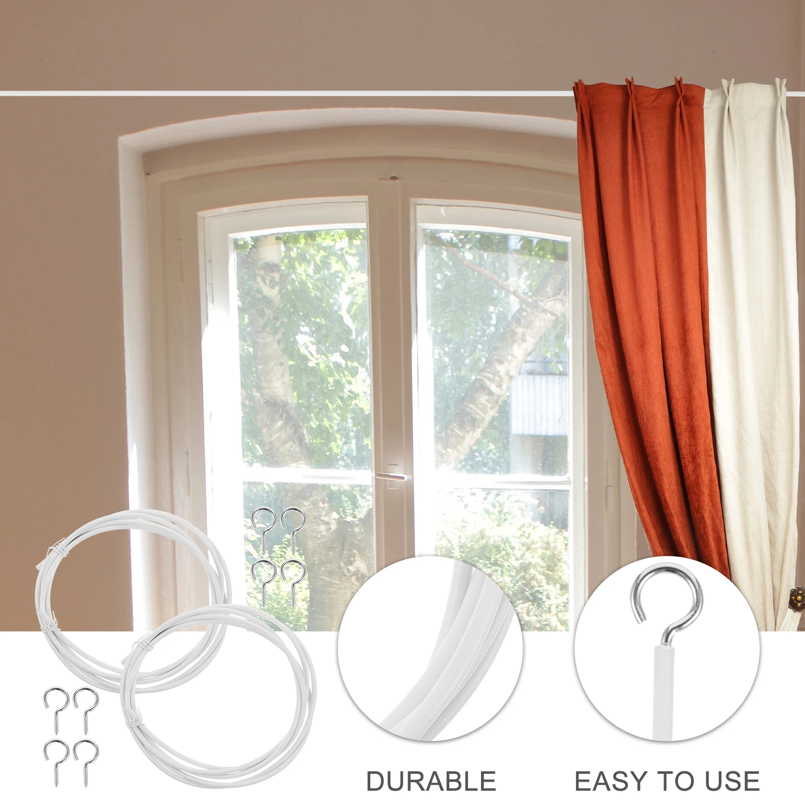 

2 Sets Spring Cord With Screw Eyes Hook Kit Flexible Curtain Wire Hanging System For Bay Window Balcony Curtain Rail Track Cable