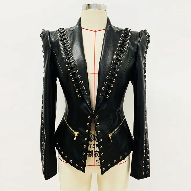 HIGH QUALITY Newest Fashion 2024 Designer Jacket Women's Rope Lacing Up Slim Fitting Leather Blazer