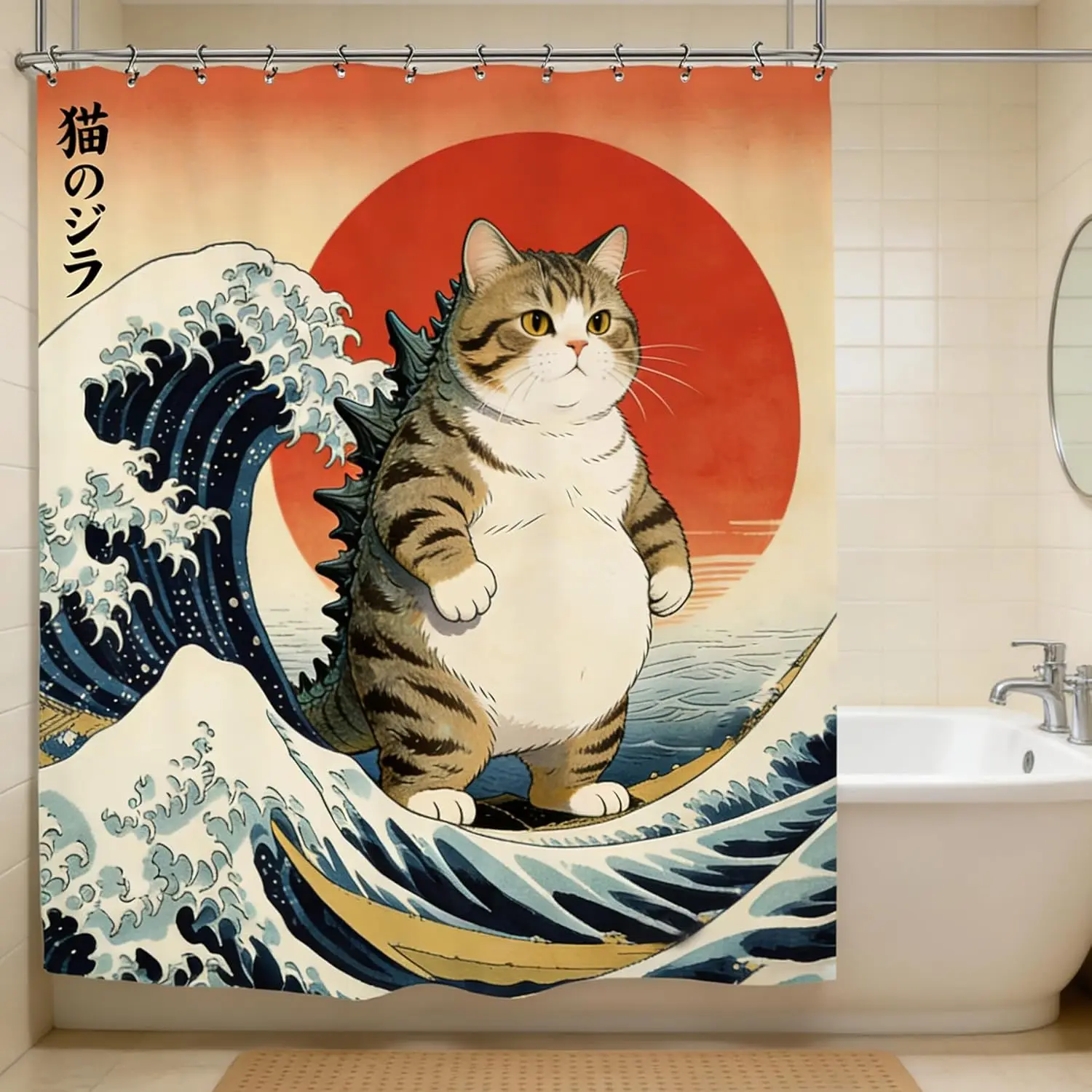 Funny Cat Wave Bathroom Shower Curtain Japanese Sea Ocean Hilarious Anime Animal Sunset Polyester Fabric 12 Plastic Hooks
