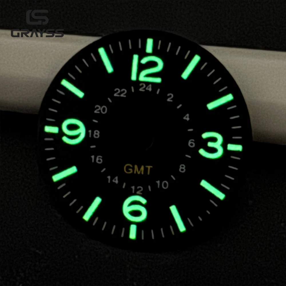 NoLogo Pilot Watch Dial Face 28.5mm/33.5mm Roman Numeral Mark Green Lume NH34 Movement GMT 4.8 O'clock Crown Watch Accessories