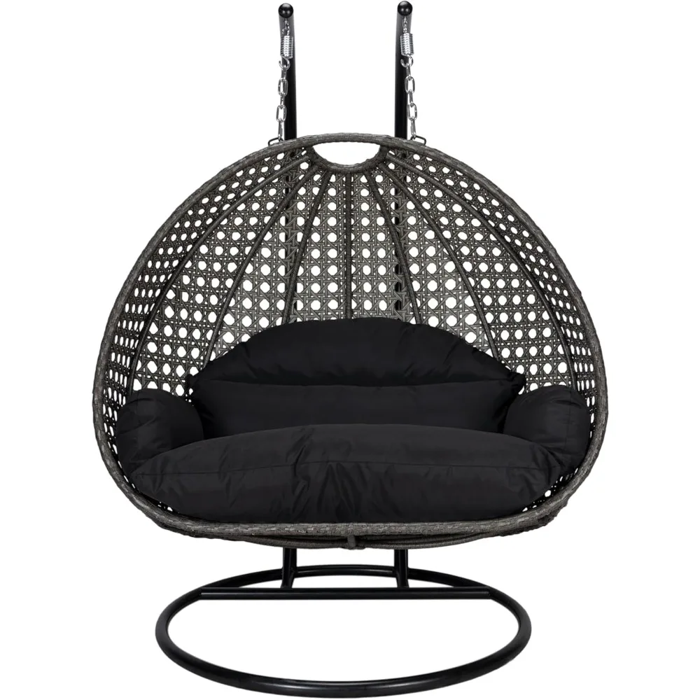 2 Person Wicker Egg Chair with Stand and UV Resistant Cushions, Outdoor Indoor Bedroom Patio Hanging Lounge Swing Hammock Chair