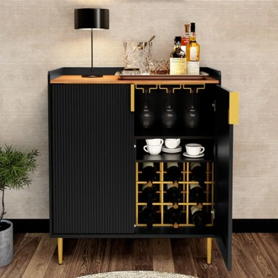 

Sideboard Buffet Cabinet with Fluted Texture Modern Coffee Bar Cabinet with Wine RackandDrawers Black Liquor Cabinet for Kitche