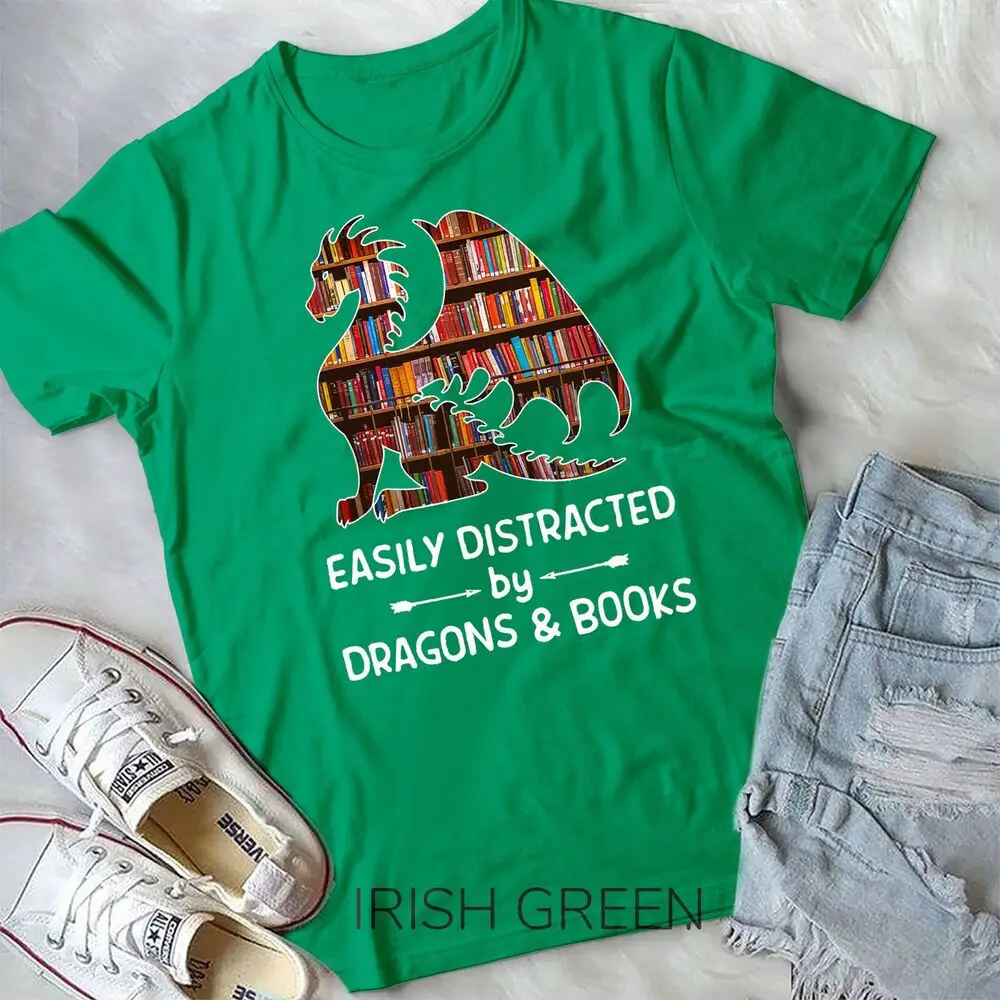 easily distracted by Dragon and Books nerds Unisex T-shirt