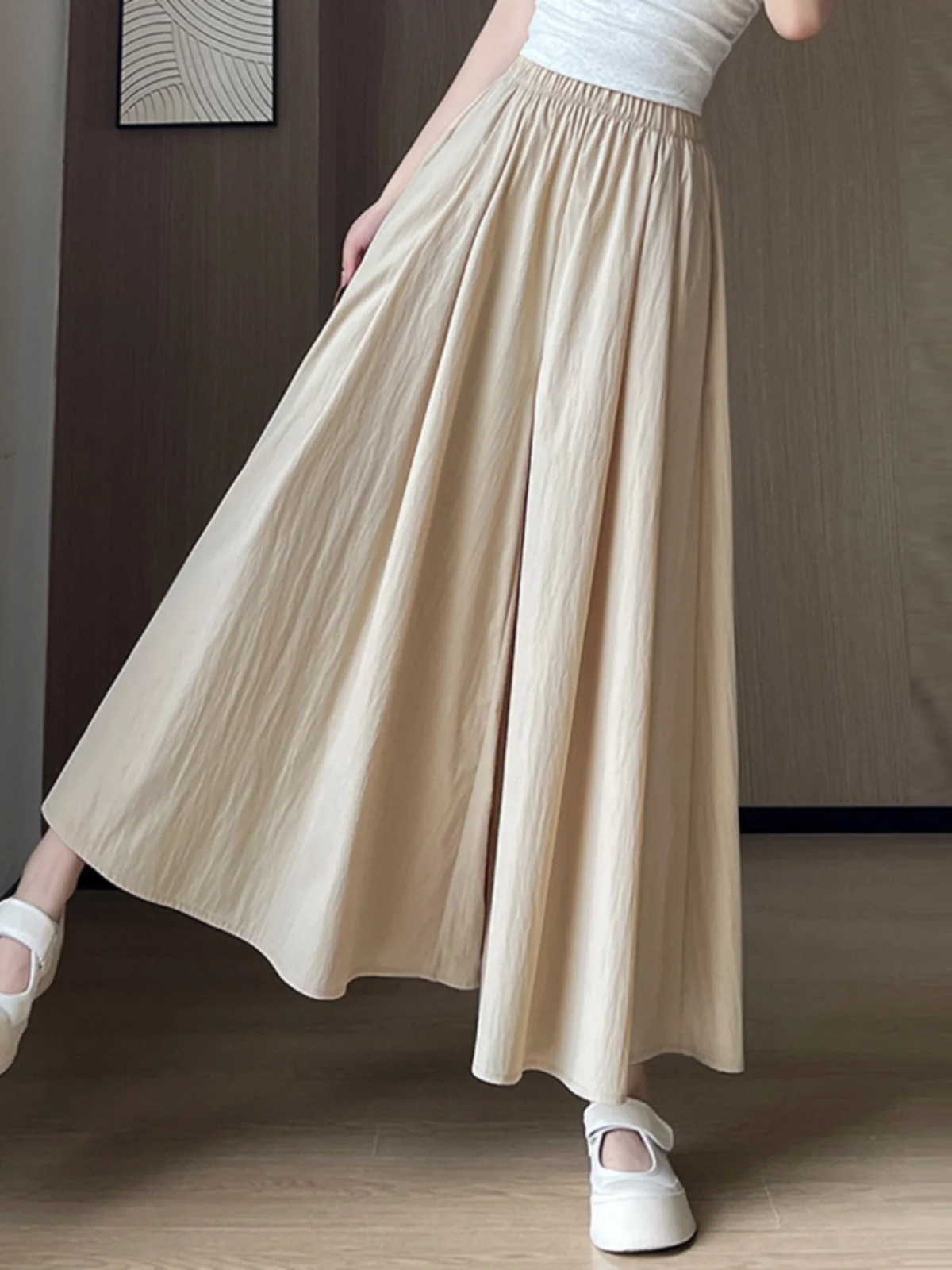 

Korean Style plus Size Women's High Waist Pleated Wide Leg Nine Points Texture Skirt Casual Commute Artistic Polyester Fiber