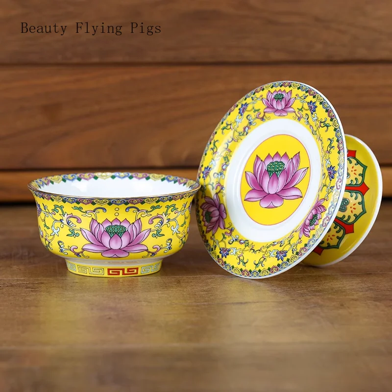 1PCS enamel colored ceramic bowls for offering Buddha supplies in the Eight Auspicious Studio Lotus Buddha Hall Holy Water Cup