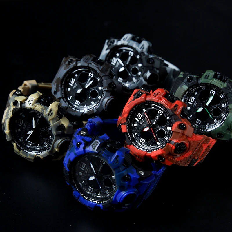 SHIYUNME Camouflage Military LED Digital Watch Men G Style Sports Army Waterproof Dual Display Multi-Time Zone Quartz Men Clock