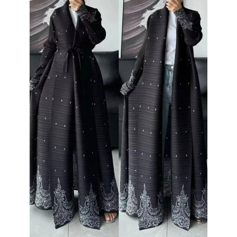 Pleated Lapel Vintage Printed Long Sleeve Dress Robe 2024 New Original Designer Abaya Fashion Classic Jacket