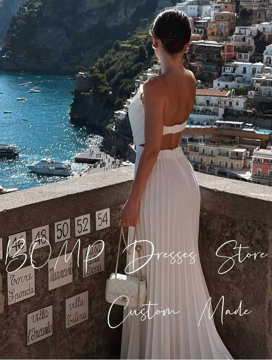 فساتين سهرة أنيقة بطيات من BOMP بدون حمالات بدون ظهر على شكل حرف A طول الأرض من الساتان الأبيض مناسبة خاصة فستان مخصص بسيط