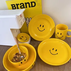 Nordic Ceramic Tableware Set Dinnerware Set Bowl High Fashion INS Yellow Cartoon Plate Soup Bowl Mug Set Modern Style High-End