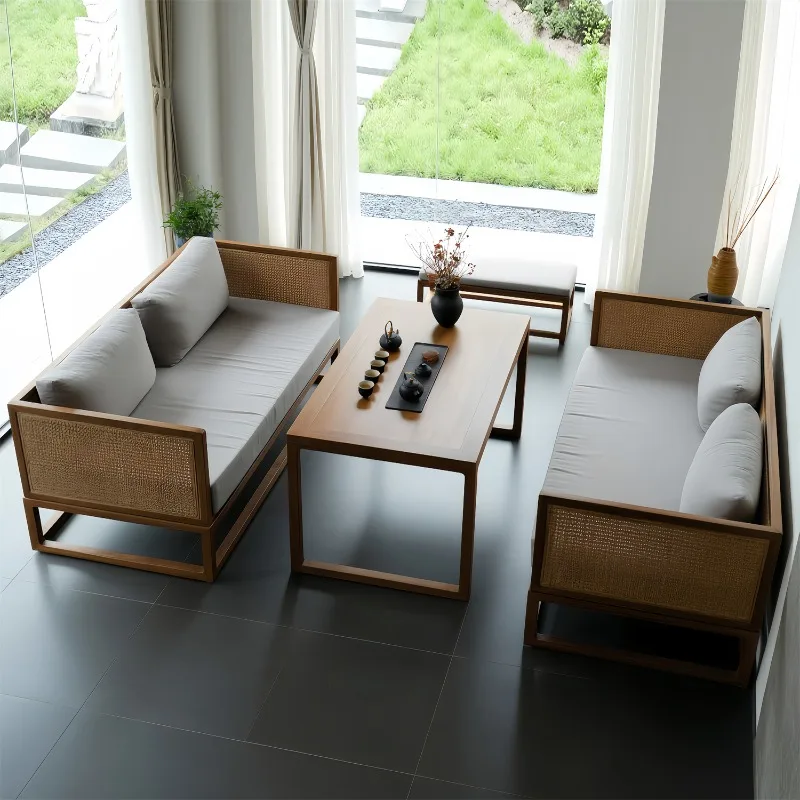 New Chinese style teahouse booth high-end restaurant hotel homestay solid wood sofa combination sales office reception negotiati