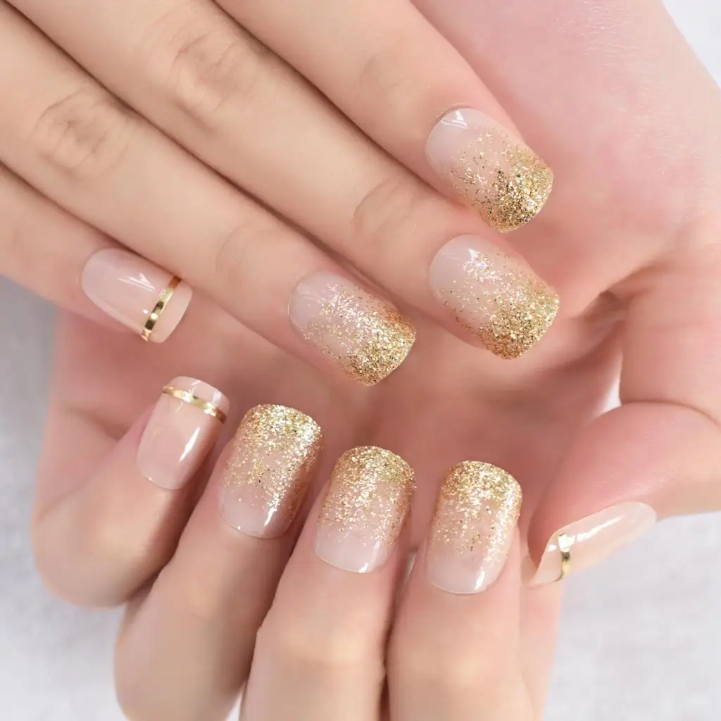 24pcs Short Full Cover Glitter Press On Nail Tips Fake Nails Charm Fingernails For Daily Wear Wedding Shopping Working With Tabs image 3