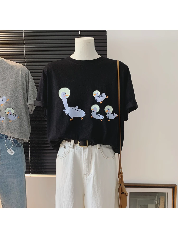 

Милая женская футболка с короткими рукавами из чистого хлопка с принтом утки в японском стиле, летний повседневный свободный топ, модный стиль Ins