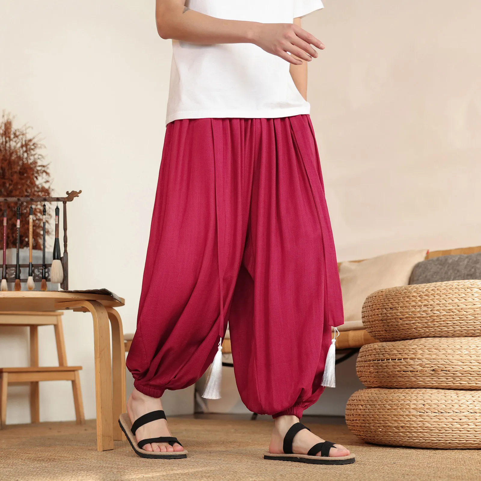 Ethnic Style Chinese Style Pants Men Linen Wide Leg Pants Loose Crotch Design Dance Trousers Male Casual Daily Wear Hanfu Pants