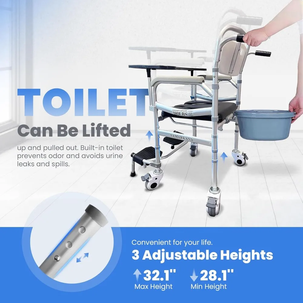 Douchestoel met wielen 3-in-1 commode toiletstoel voor toilet met armen en dienblad Commode toilet douchestoelen