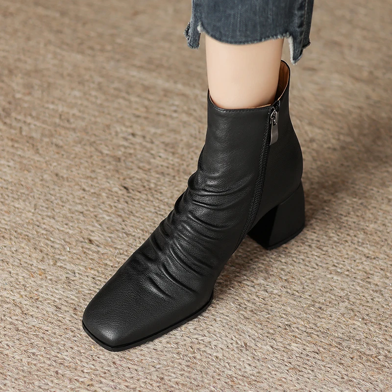 2024 Winter Women Thick High Heeled Sheepskin Ankle Boots Side Zipper Warm Office Pumps New Basic Square Toe Short Boots Shoes