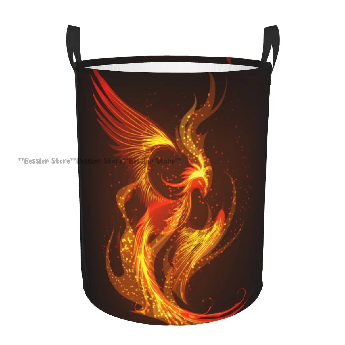 Folding Laundry Basket Flaming Phoenix Bird Rising From The Ashes Round Storage Bin Hamper Collapsible Clothes Bucket Organizer