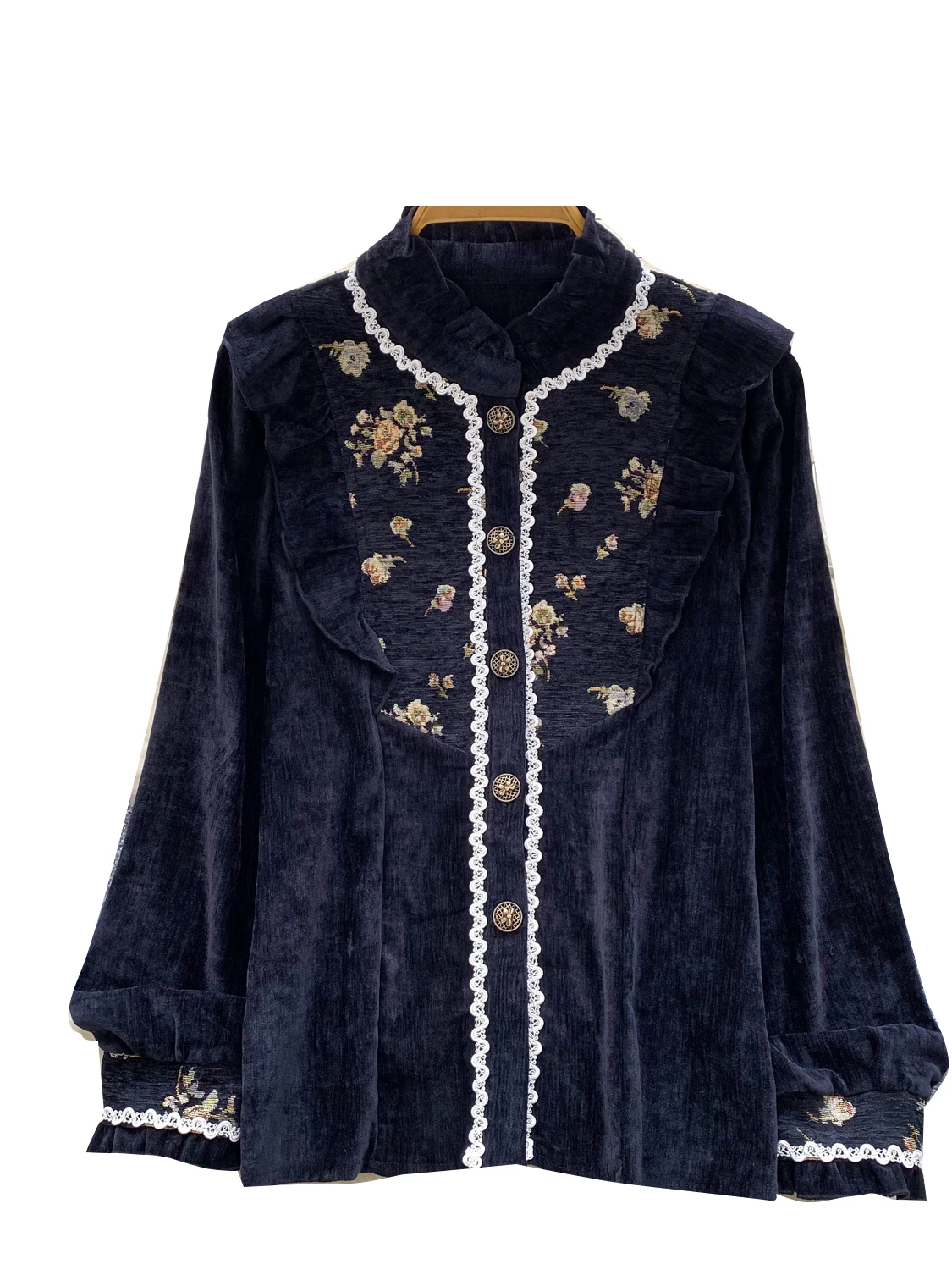 Damska haftowana koszula jesienno-zimowa w stylu francuskim retro, z koronką, długim rękawem, aksamitna, wysokiej jakości, uniwersalna bluzka, top damski BL260