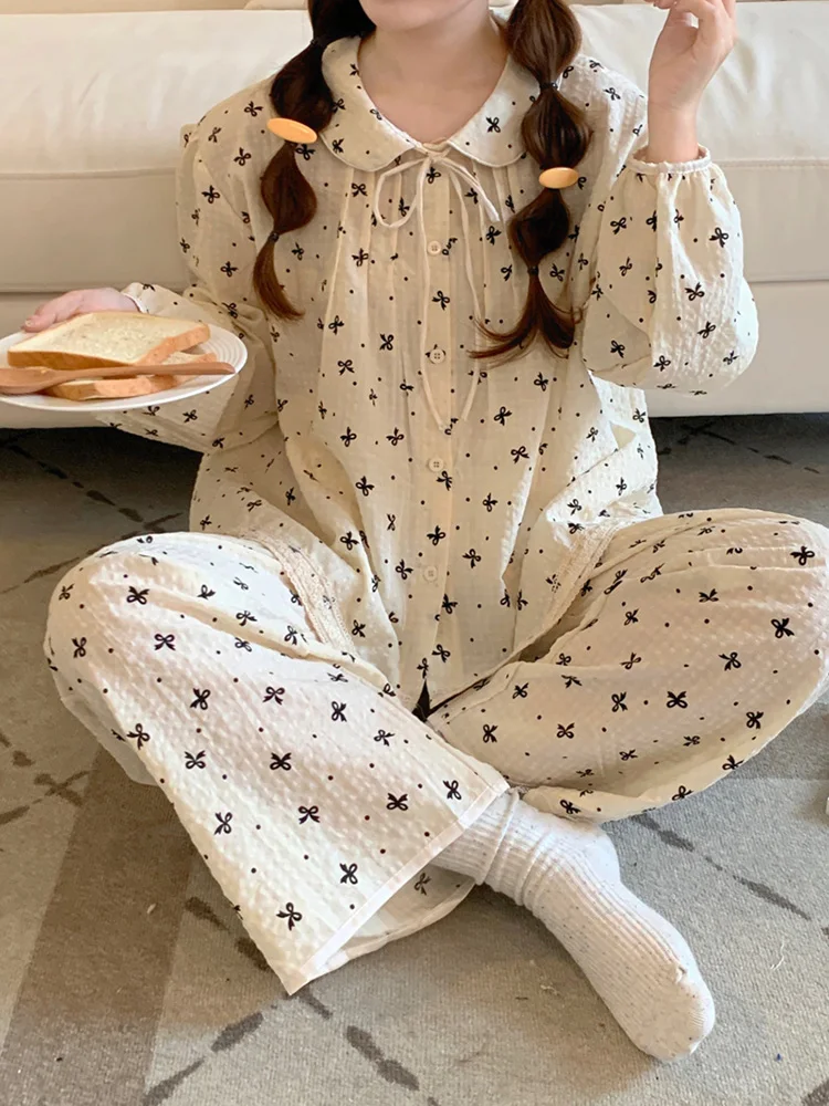 New Winter Cute Print Girlish Style Vintage Loose Long Sleeve Pajama Set Women Lace Elegant Casual  Comfortable Lazy Sleep Tops