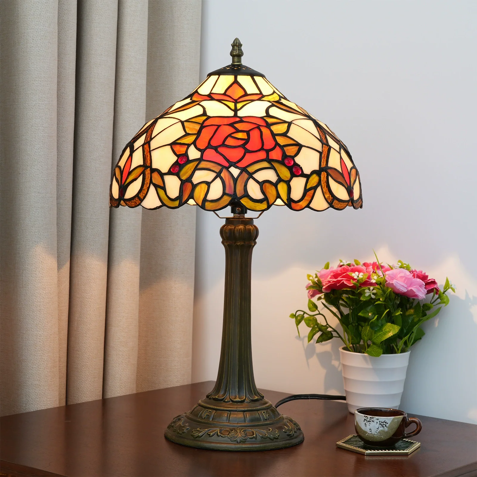

12inch Bedside Table Lamp-Nightstand Stained Glass American Rose Tiffany Lamp for Dorm Kitchen Aesthetic Cute Home Decor Gift