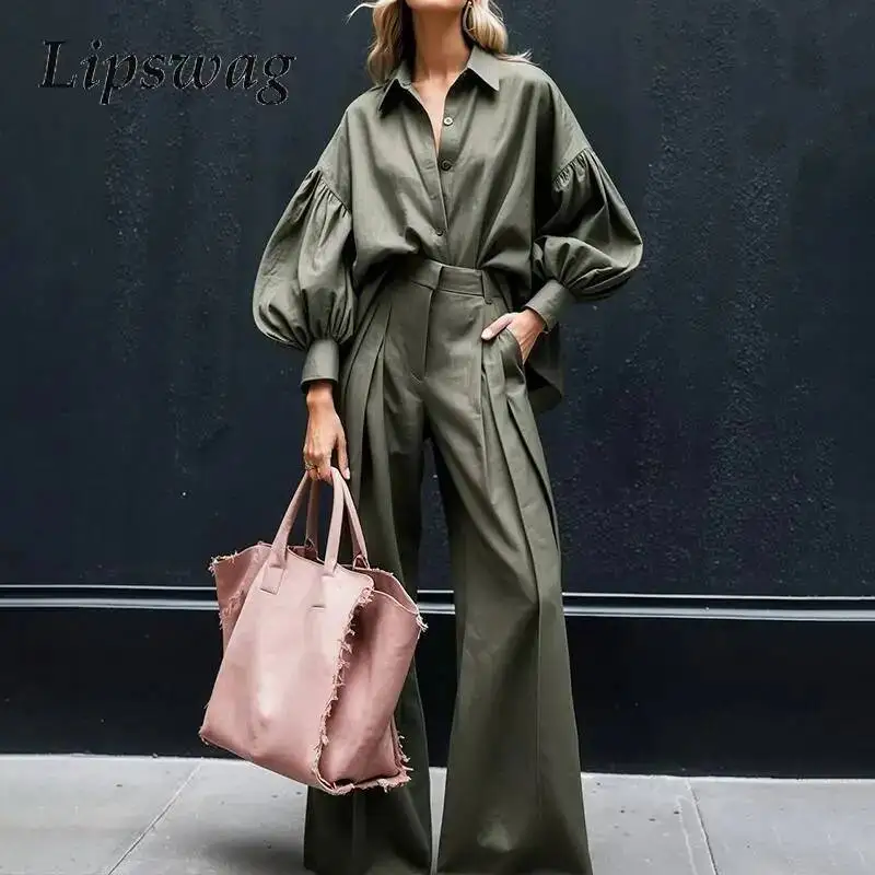 

Elegant Lapel Lantern Sleeve Shirts Pants Outfits Women Fashion High Street Button Pc Suit Casual Loose Solid Commuting Sets