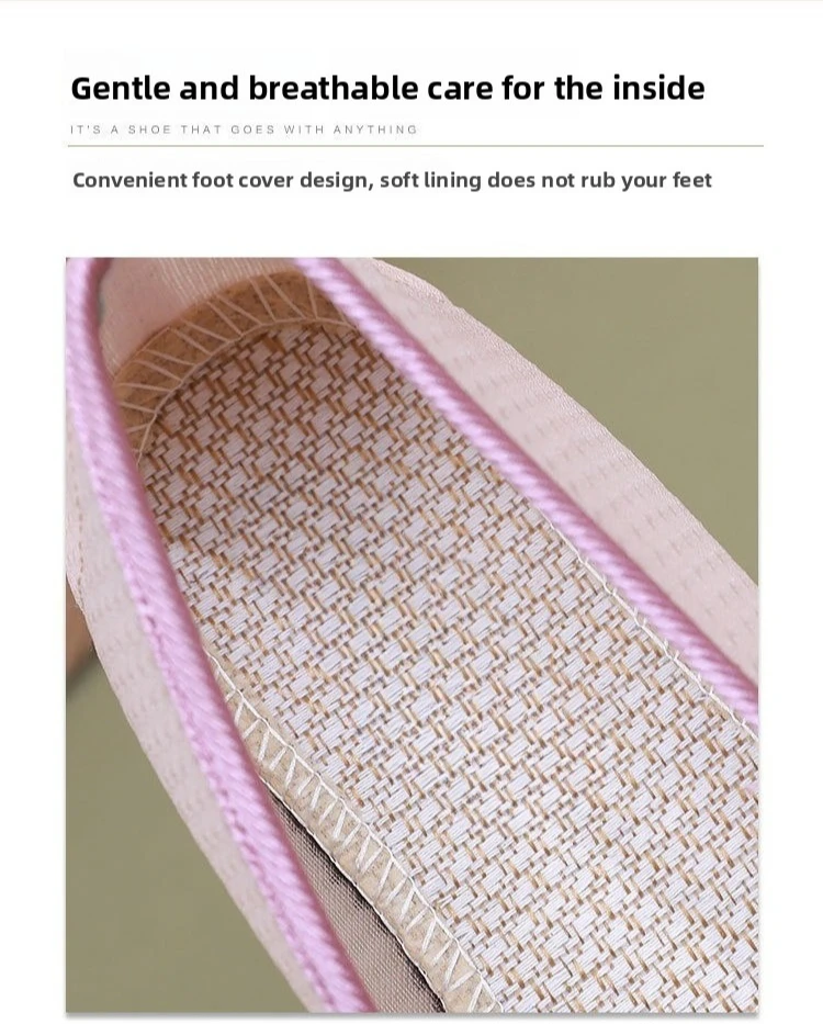 Damen-Slipper mit Blumenstickerei, flache Schuhe aus Mesh, chinesischer Stil, dekorativer Knoten, atmungsaktiv, leicht, rutschfest, Mutter-Slipper. – Detail 11