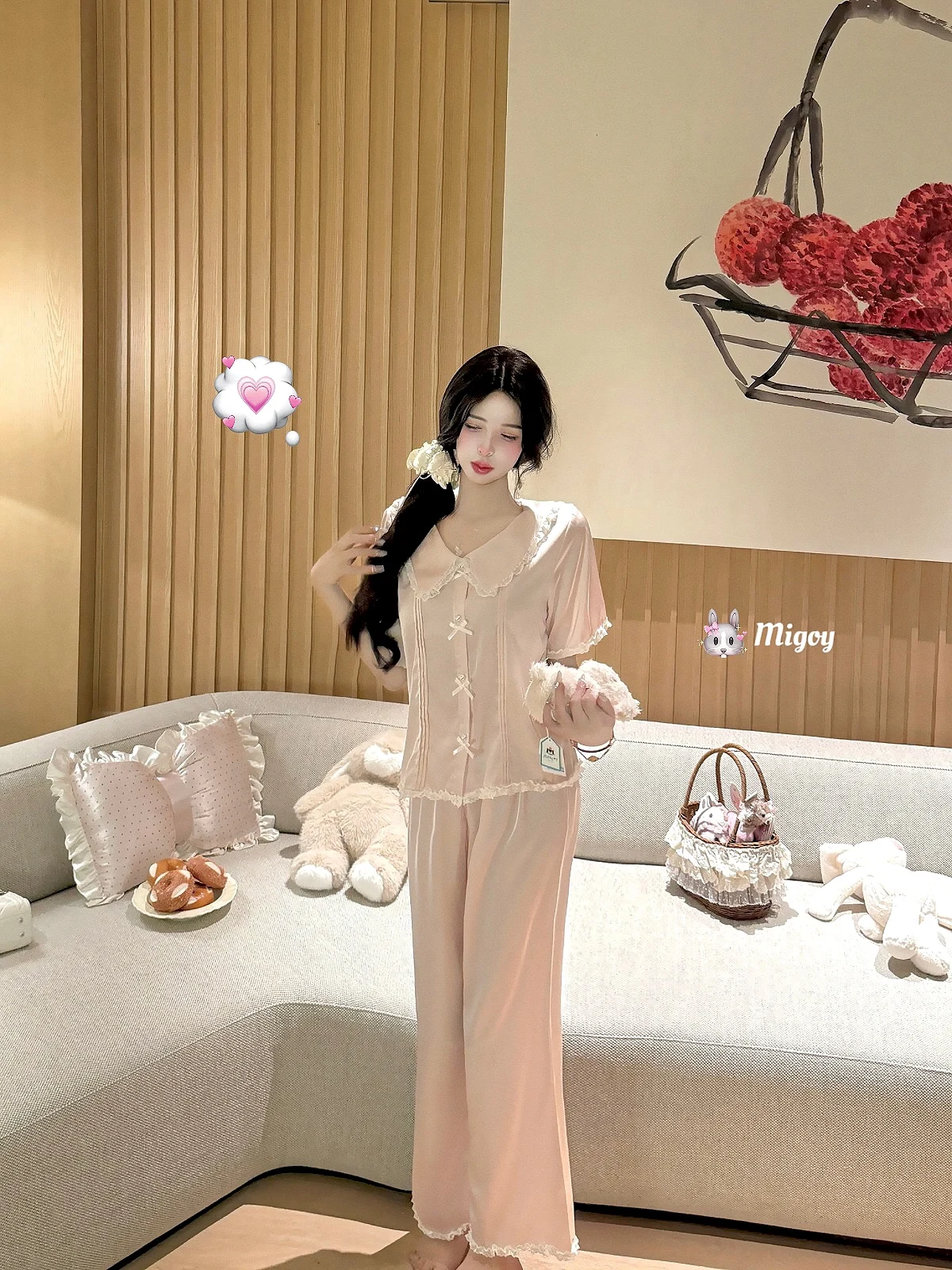 Sweet Girl Doll Collar Ice Silk Short-sleeved Pajamas Three-piece Summer Long-sleeved Casual Loose and Cool Loungewear Set